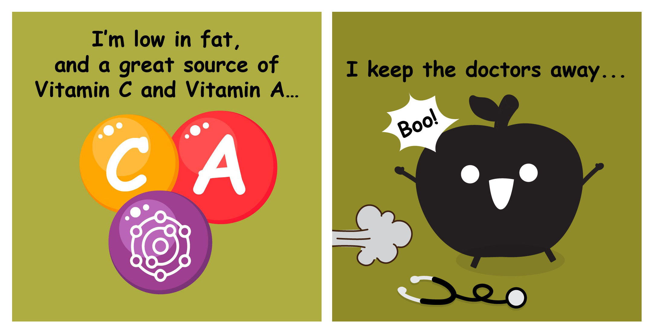 Two-panel cartoon: left says low fat, vitamins C and A; right black apple scares doctors, says Boo.
